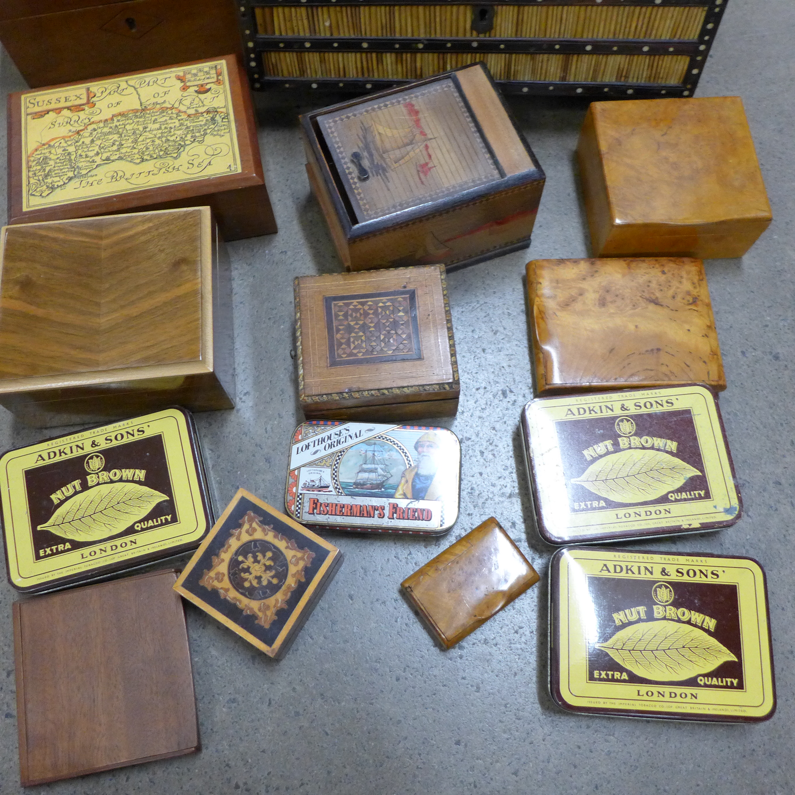 A porcupine quill box, with bone inlay, other wooden boxes and tins **PLEASE NOTE THIS LOT IS NOT - Image 4 of 4