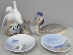 Two Royal Copenhagen figures of birds; Great Crested Grebe and Lovebird Doves, a rabbit and two