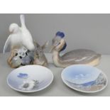 Two Royal Copenhagen figures of birds; Great Crested Grebe and Lovebird Doves, a rabbit and two