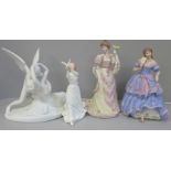 Four assorted figures; Royal Doulton Thinking of You, two Wedgwood The Imperial Banquet and The Turn