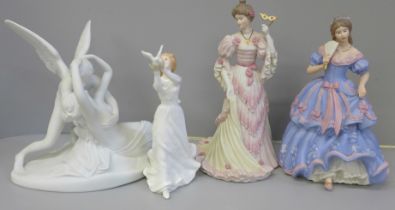 Four assorted figures; Royal Doulton Thinking of You, two Wedgwood The Imperial Banquet and The Turn