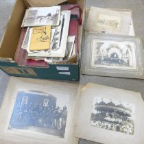 A box of photographs including Wollaton Colliery horse and wagon group, Kirkby Church Fire Disaster,