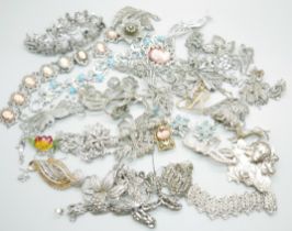 A collection of paste set jewellery, a silver and marcasite brooch, an Art Nouveau style lady in the