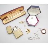 A rolled gold Yard-O-Led pencil, a silver gilt chain with 'Golden Maple Leaf' pendant, a Zippo