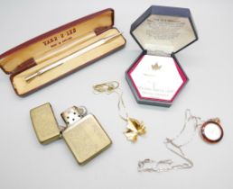 A rolled gold Yard-O-Led pencil, a silver gilt chain with 'Golden Maple Leaf' pendant, a Zippo