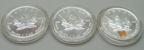 Three Canada silver dollar 5 dollars coins, each 1oz. 9999 fine silver