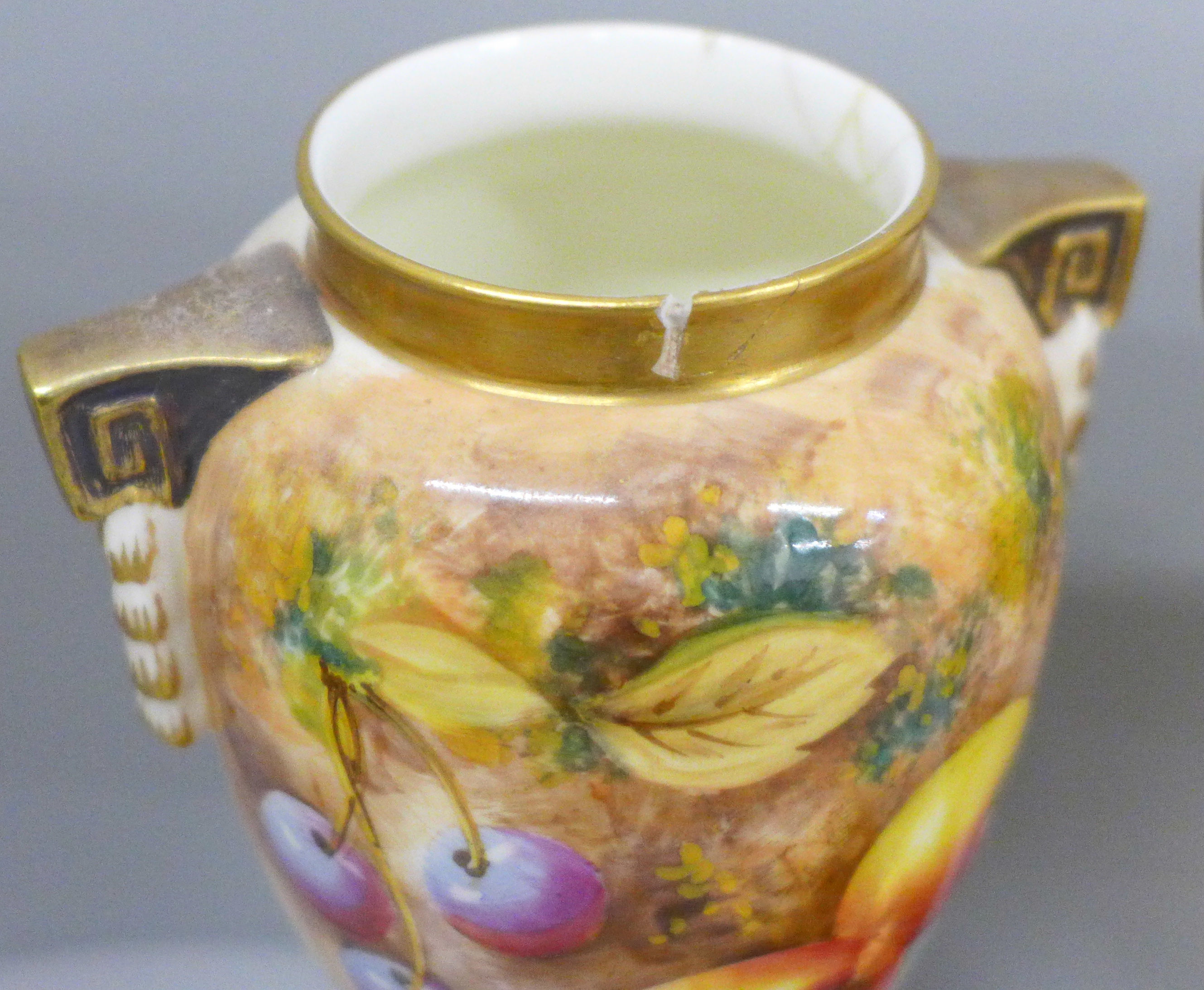 A pair of Royal Worcester hand painted vases and covers, decorated with fruit, signed, one vase - Image 3 of 8