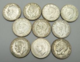 Coins; ten silver florins pre 1946 includes very rare 1932, 112.7g