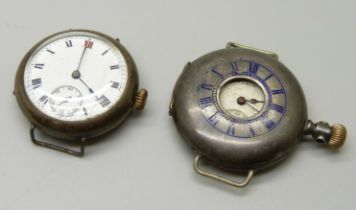 Two silver watches, a trench watch and a converted silver Elgin half-hunter