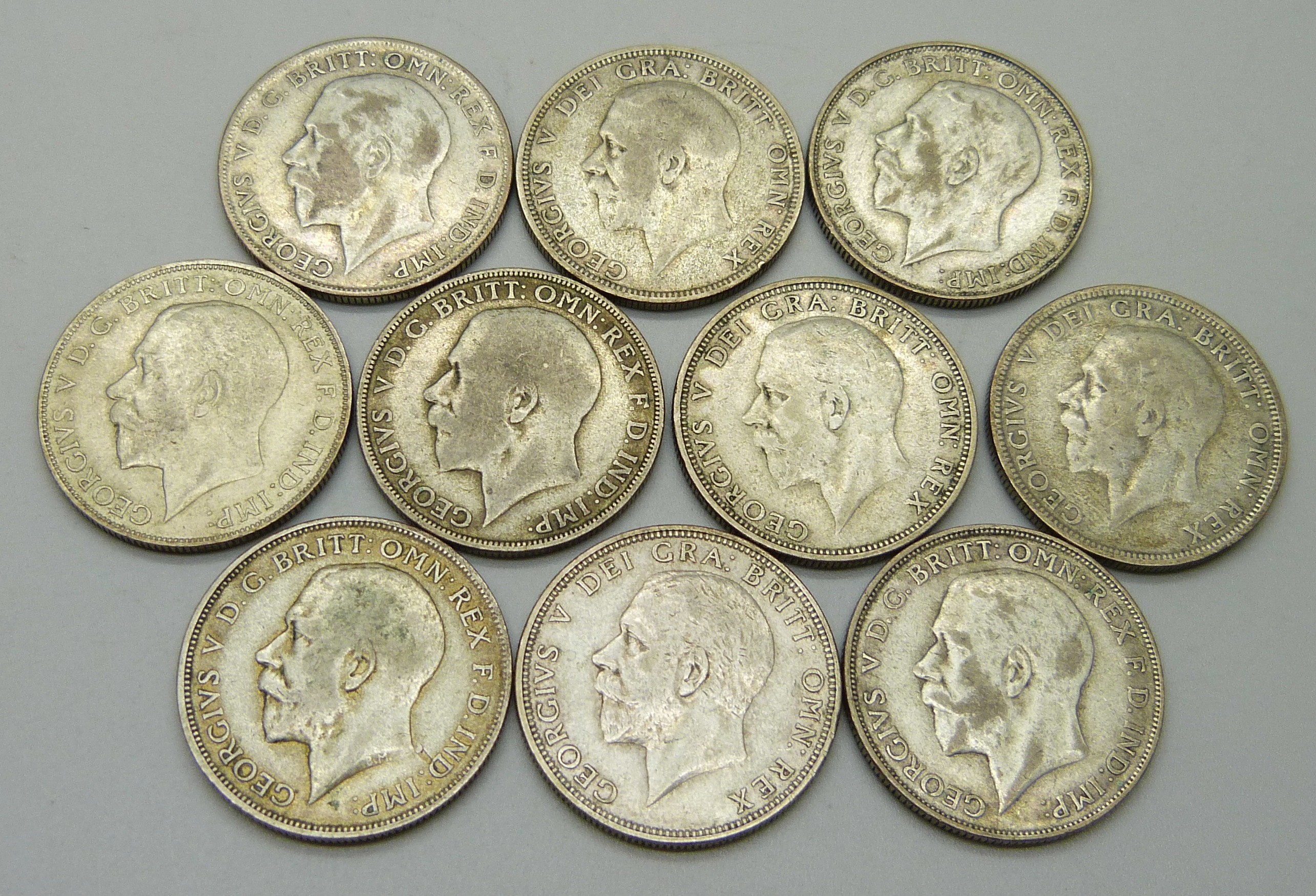 Coins; ten silver florins, (1920 to 1924, 1926, 1928 to 1931, rare dates 1924 and 1926), 112.1g