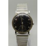 A gentleman's black faced Omega wristwatch with subsidiary second hand, 31mm case