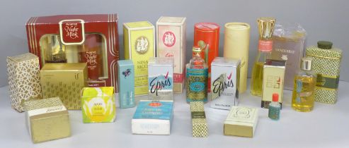 A box of perfumes, Nina Ricci, Vanderbilt, etc., and fragranced talcs