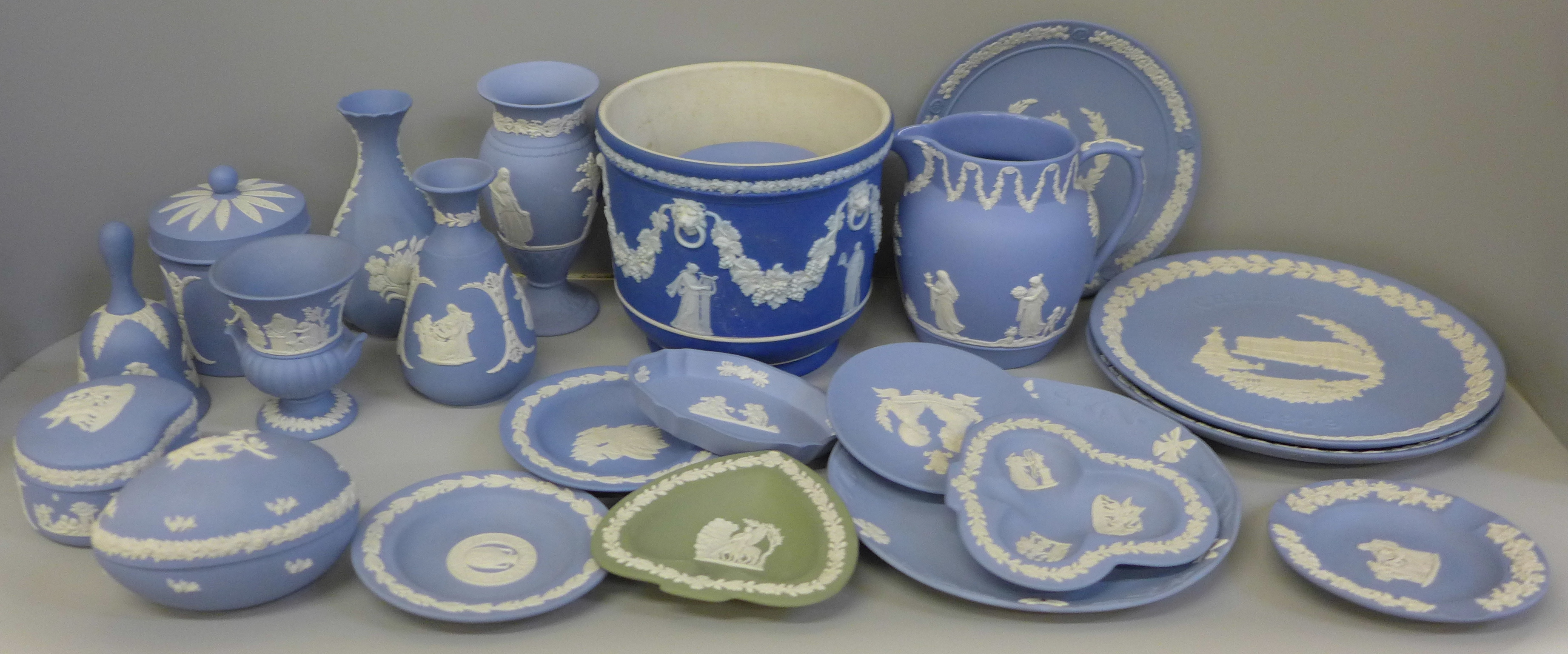 A box of approximately 20 items of Wedgwood Jasperware including a jardiniere, jug, vases, lidded