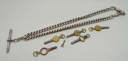 A vintage silver double Albert watch chain, 45g, with five watch keys