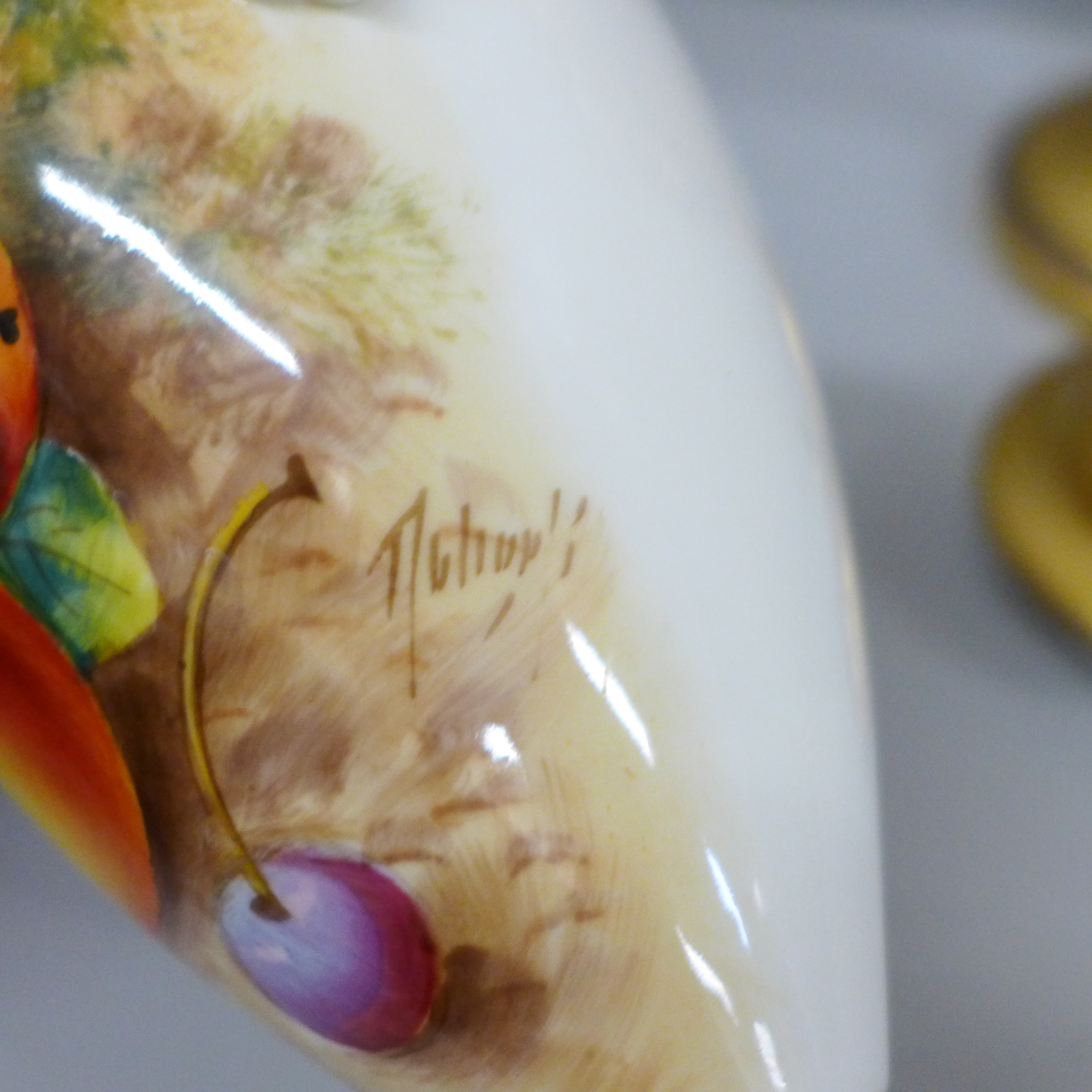 A pair of Royal Worcester hand painted vases and covers, decorated with fruit, signed, one vase - Image 4 of 8