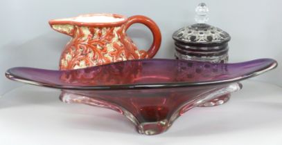 A large Murano glass table centrepiece, a Bohemian hand cut lidded glass pot and a large relief