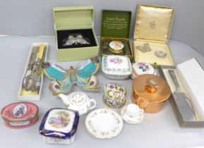 Two enamel boxes, Bilston and Crummles, a Papillon Austrian crystal butterfly box, Wedgwood