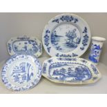 A collection of Chinese export blue and white and Delft porcelain including a 34.5cm charger and