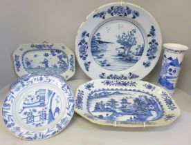 A collection of Chinese export blue and white and Delft porcelain including a 34.5cm charger and