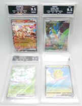 Four Getgraded Pokemon cards, Arcanine Ex, Tropius and Maushold Ex, 9.5 mint + and Surfing Pikachu