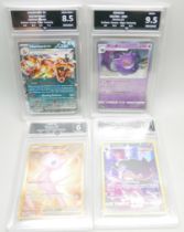 Four graded Pokemon cards (Getgraded) Gengar, 9.5, Charizard Ex, 8.5, Banette, 9 and Mew Ex, 6