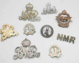 Nine regimental badges