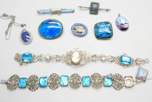A collection of blue stone and butterfly wing set jewellery, etc.