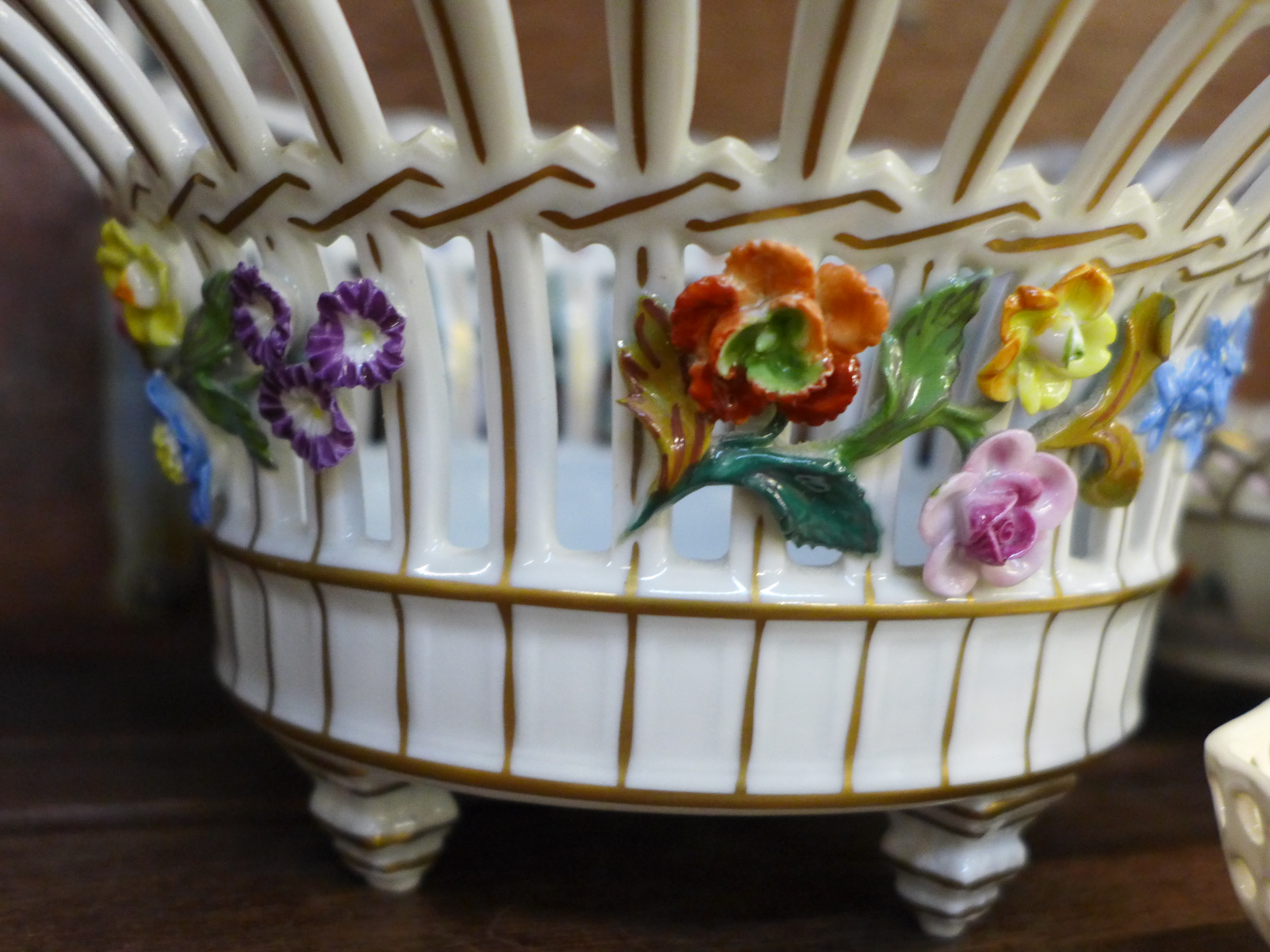 A Royal Worcester porcelain nautilus vase, 17cm, three Royal Creamware baskets and two Dresden - Image 3 of 8