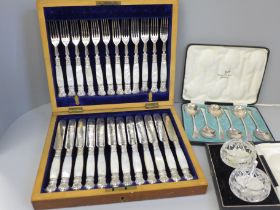 A cased set of 24 silver plate and mother of pearl fish knives and forks, a cased set of six