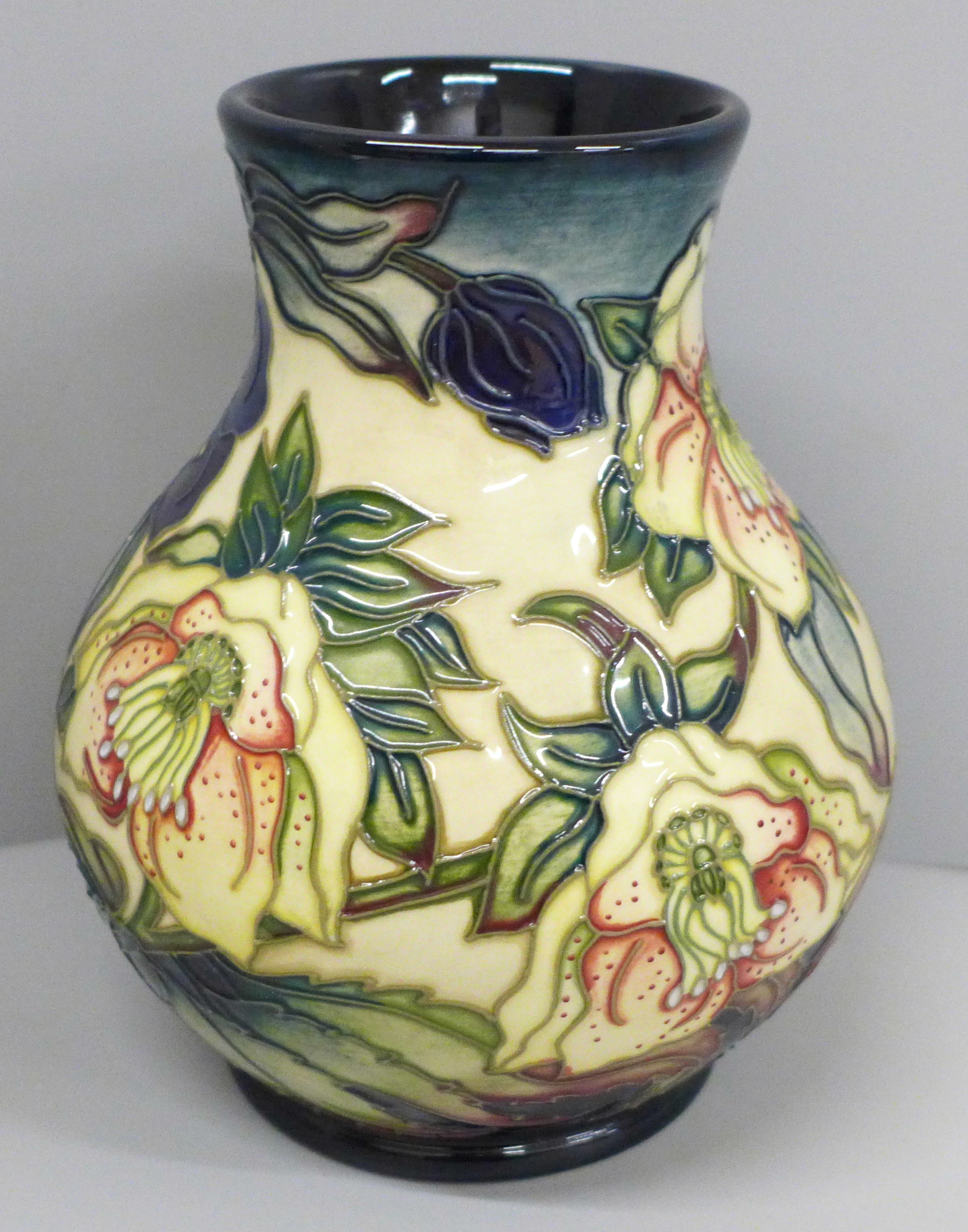 A Moorcroft Hellebore vase, 869/6, in original box, 16cm - Image 3 of 4