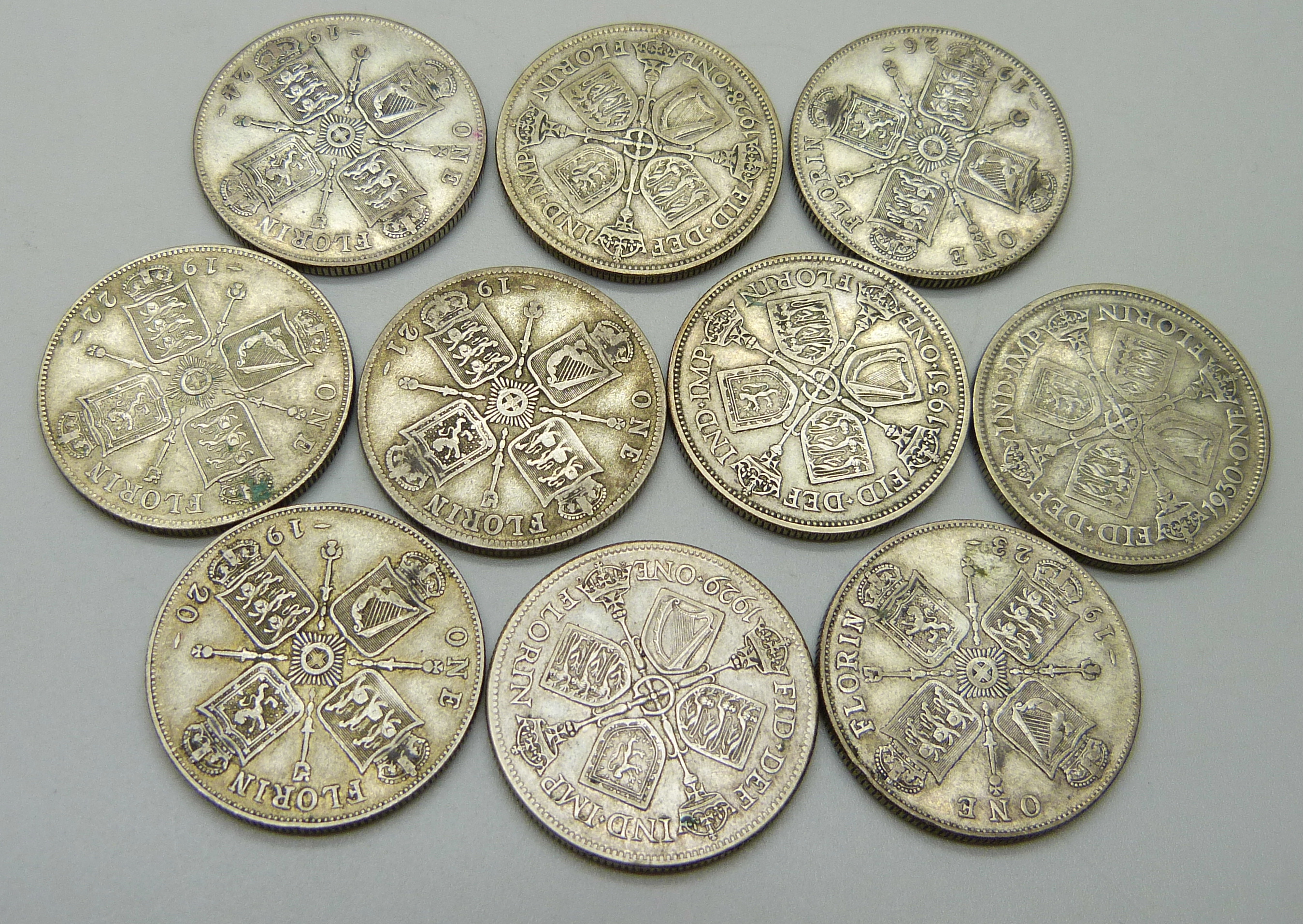 Coins; ten silver florins, (1920 to 1924, 1926, 1928 to 1931, rare dates 1924 and 1926), 112.1g - Image 2 of 2