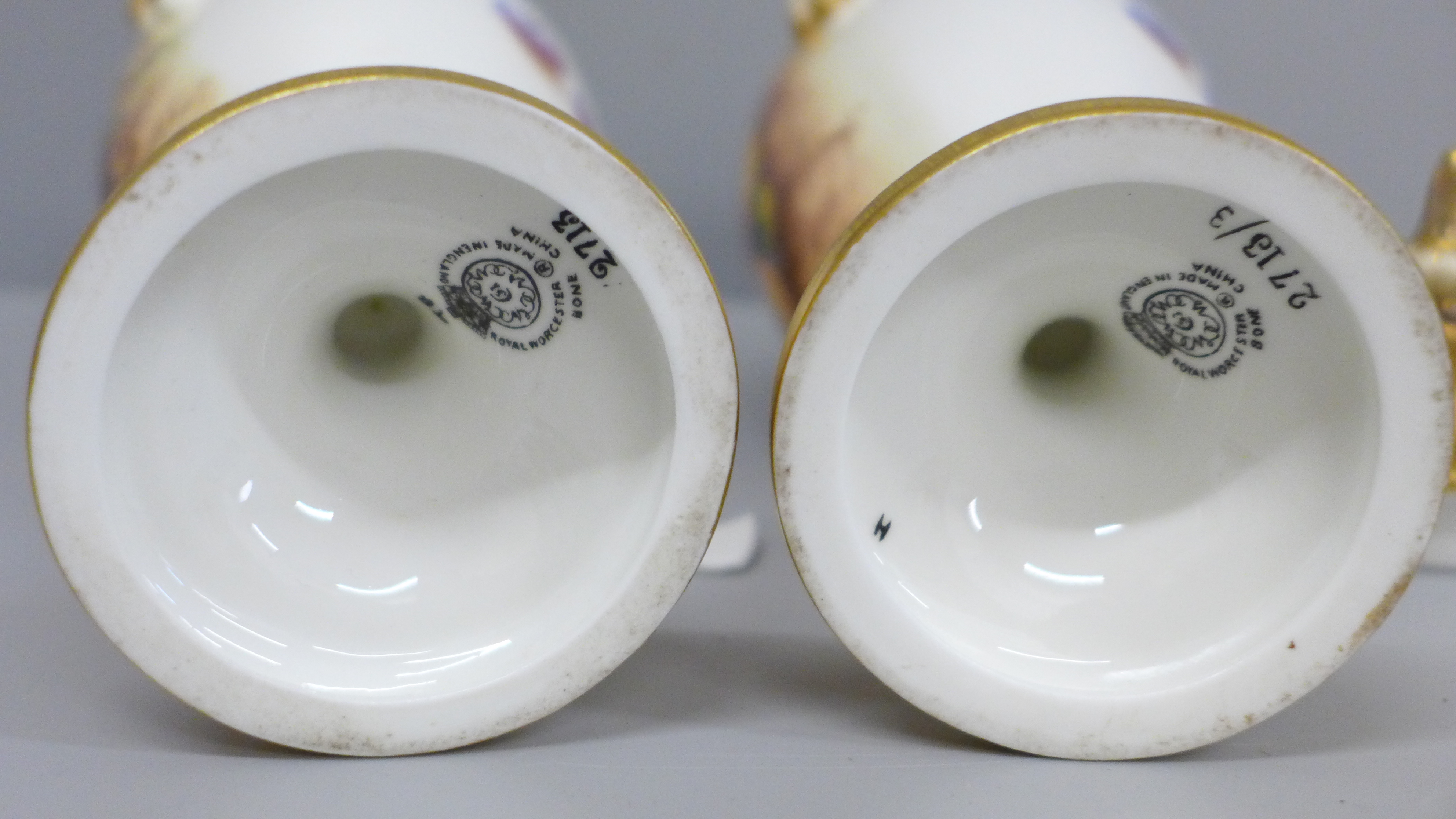 A pair of Royal Worcester hand painted vases and covers, decorated with fruit, signed, one vase - Image 7 of 8