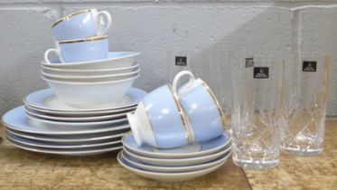 Royal Doulton Bruce Oldfield 2004 teaware; four plates, side plates, cups and saucers, bowls, as
