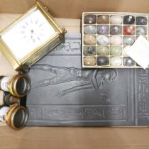 A boxed mineral collection, a carriage clock, vintage opera glasses with hand painted detail a/f,