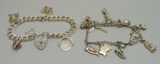 Two silver charm bracelets, 43g