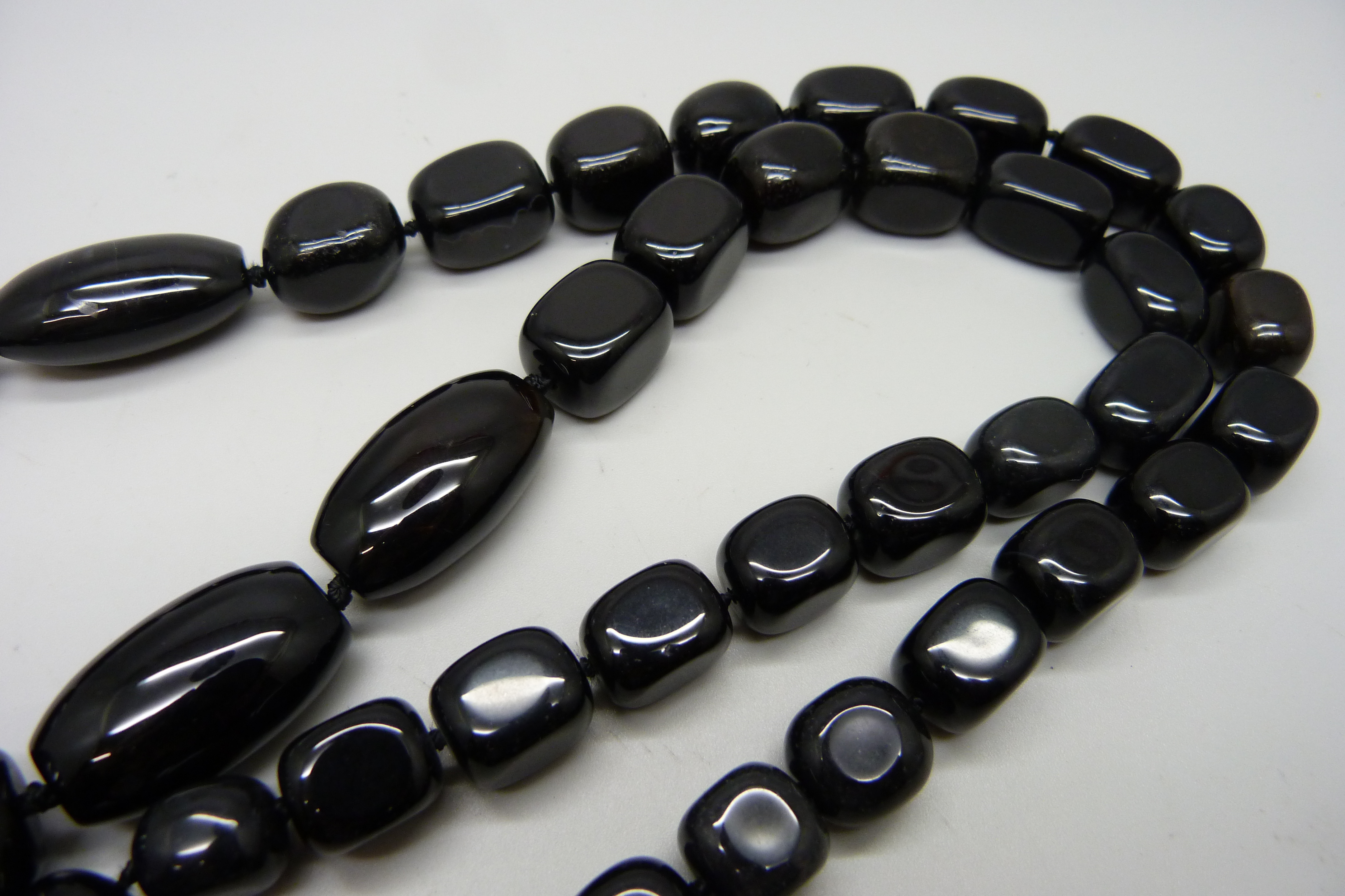 A large heavy black bead necklace with silver fastener, possibly obsidian, length 85cm, 276g - Image 2 of 2