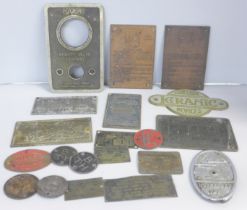 A collection of brass, bronze and metal machine plates, chassis, valve, etc.