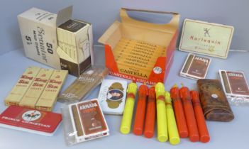 A box of cigars, 50 Senator Mild cigars, King Six and Castella in candle tubes, etc.