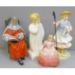 Four Royal Doulton figures; The Shepherdess HN2420, The Judge HN2443, Rose HN1368 and Darling HN4140