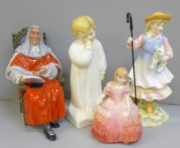 Four Royal Doulton figures; The Shepherdess HN2420, The Judge HN2443, Rose HN1368 and Darling HN4140