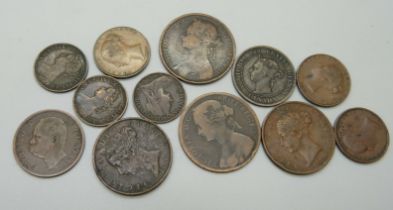 Twelve 19th Century coins, including 1899 one cent, 1841/6, 1853 half pennies, 1896 centesimo and an