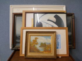 A group of watercolours, oils and prints including one of a tall masted ship by Whitby, a canal boat