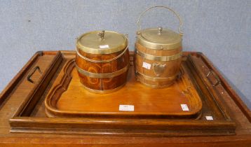 Two oak trays and two oak biscuit barrels