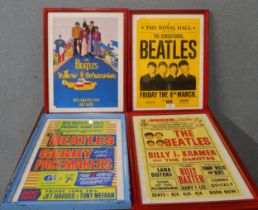Four Beatles concert posters, framed