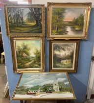 Five countryside landscapes including three oil on board and two on canvas, all framed