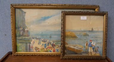 English School, two seaside landscapes, watercolour, framed