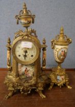 A French style gilt mantle clock and garniture, with painted plaques