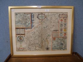 A 17th Century John Speed engraved map of Northamptonshire, framed