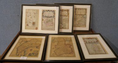 Six assorted 17th Century engraved maps of Britain, framed