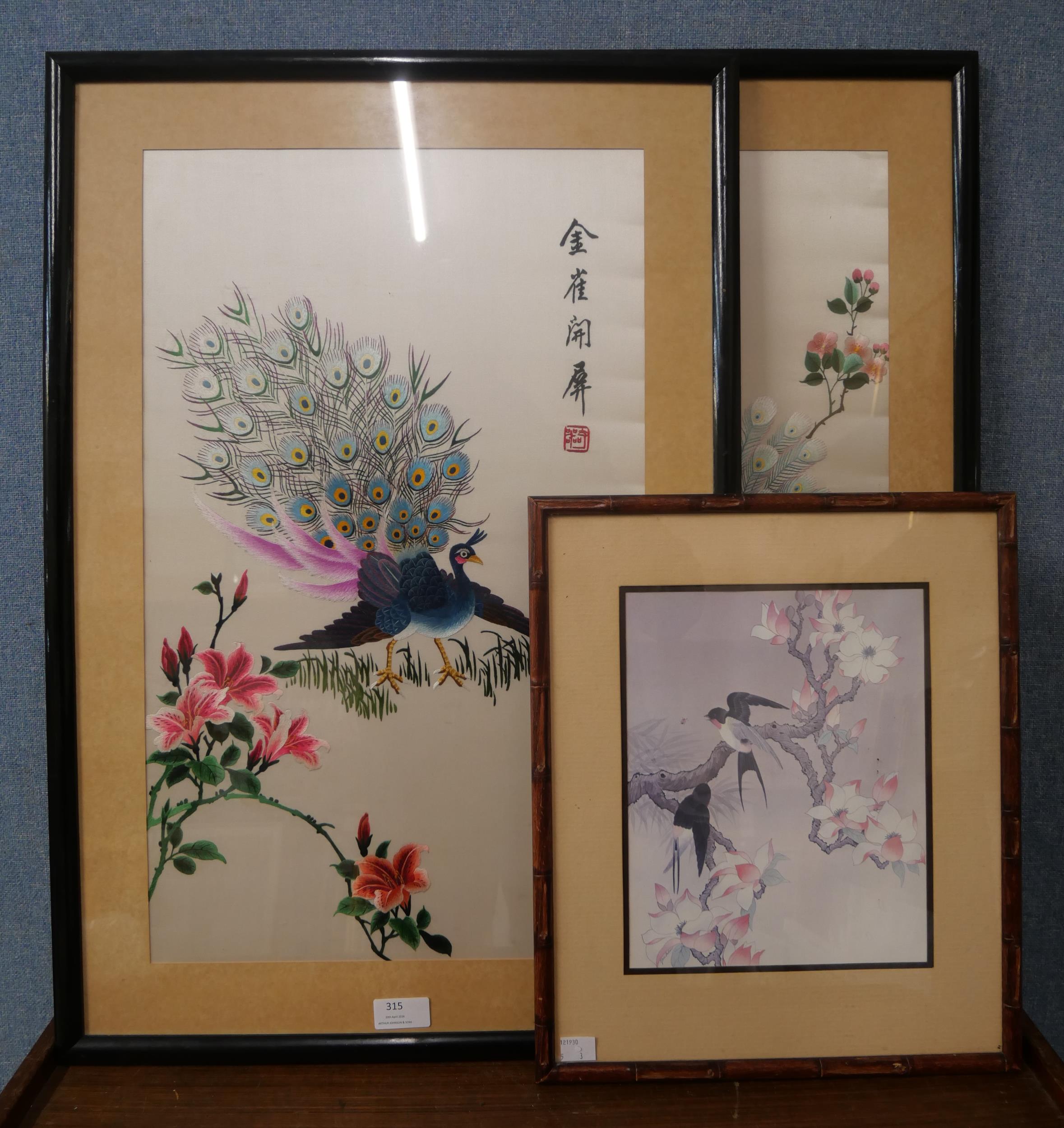 Two Oriental embroidered silks and an Oriental print, all framed